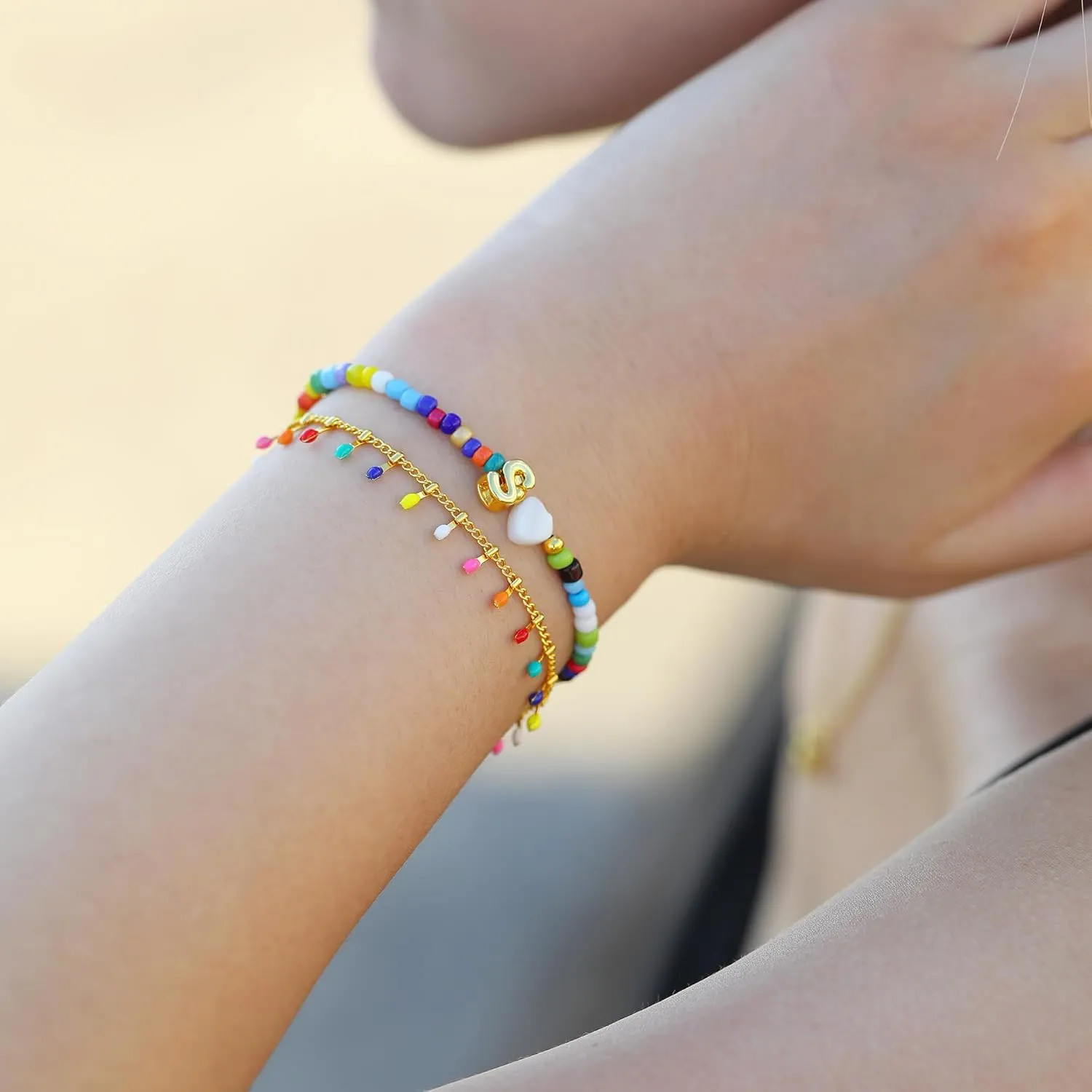 Turandoss Colorful Beaded Bracelets for Women - Trendy Boho Layered Bracelet, Cute Gold Charm Bracelets for Teen Girls Summer Gifts Jewelry