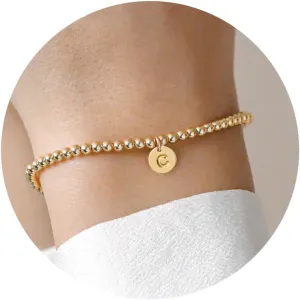 Turandoss Gold Initial Bracelet for Women - Dainty Gold Plated Letter A-Z Charm Disc Bracelet for Women Trendy, Womens Gold Jewelry Beaded Bracelet Gifts