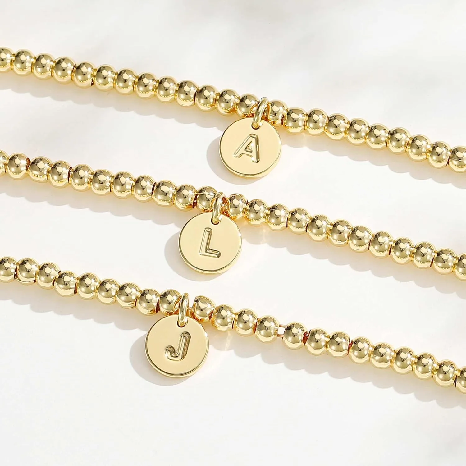 Turandoss Gold Initial Bracelet for Women - Dainty Gold Plated Letter A-Z Charm Disc Bracelet for Women Trendy, Womens Gold Jewelry Beaded Bracelet Gifts