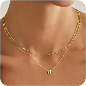 Turandoss Layered Cursive Initial Heart Necklaces for Women Girls Trendy, Dainty 14K Gold Plated Cubic Zirconia Necklace Stack Letter A-Z Pendant Necklace Birthday Gifts for Women Teen Girls Jewelry