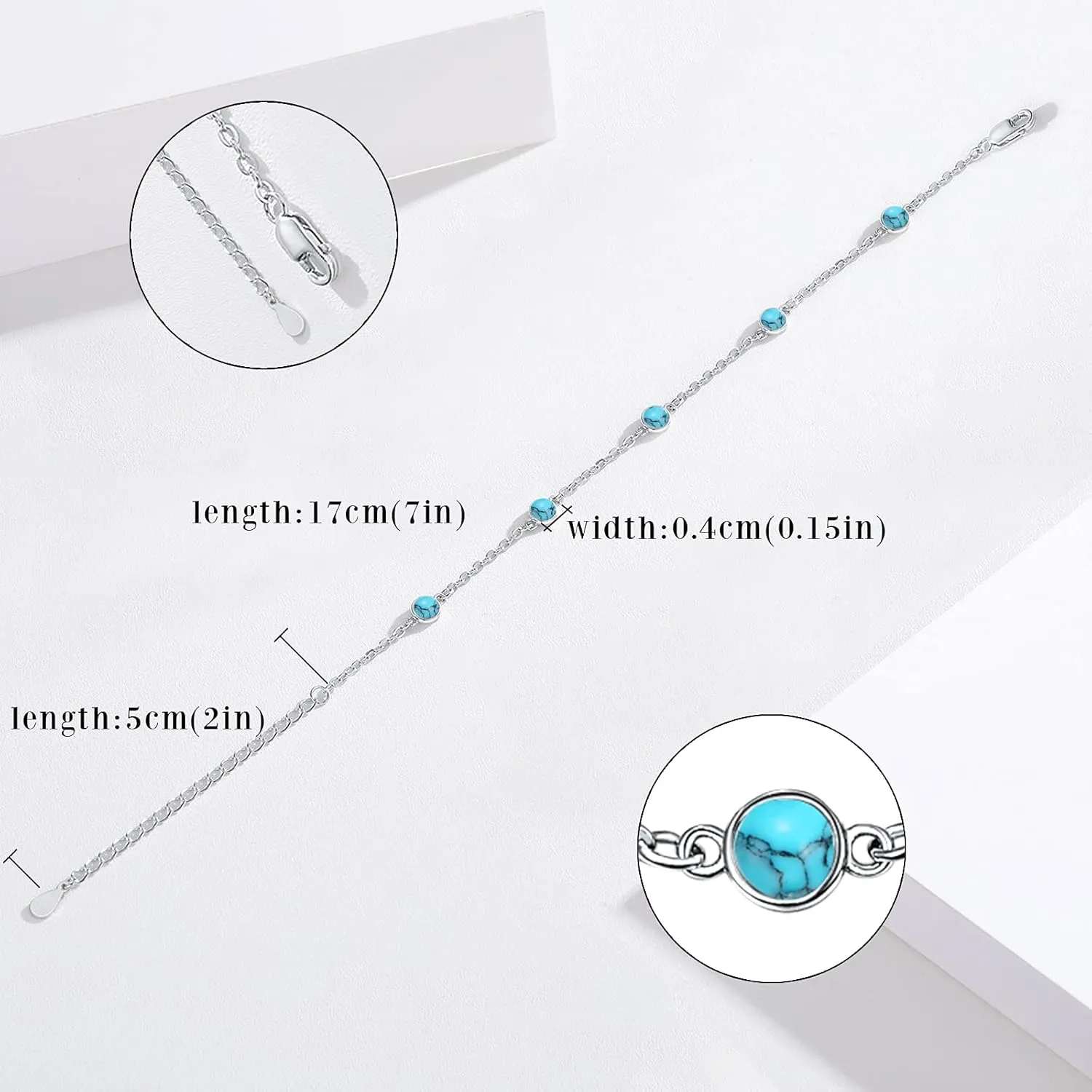 Turquoise Bracelet,Blue Gem Stone Bracelet S925 Sterling Silver Round Bracelets Jewelry for women