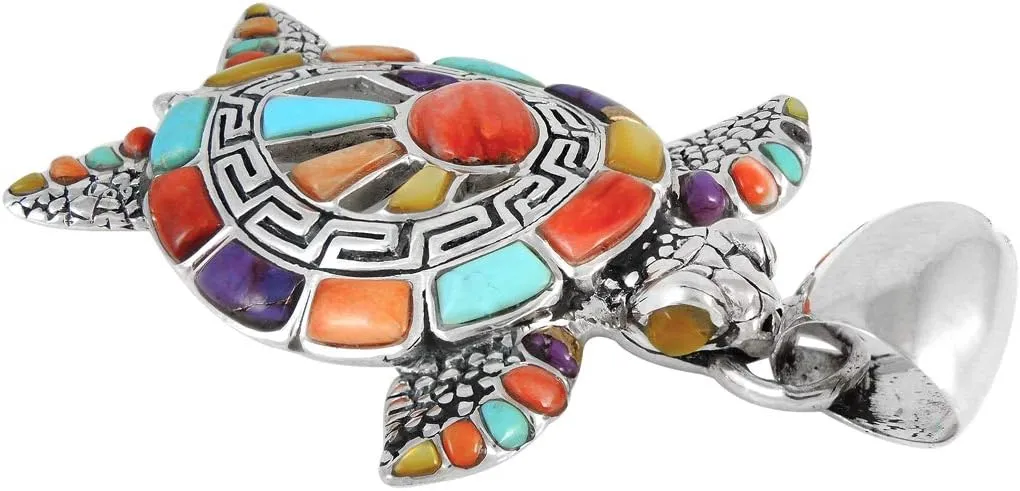 Turquoise Network Turtle Pendant Necklace 925 Sterling Silver Genuine Gemstones 20" Chain