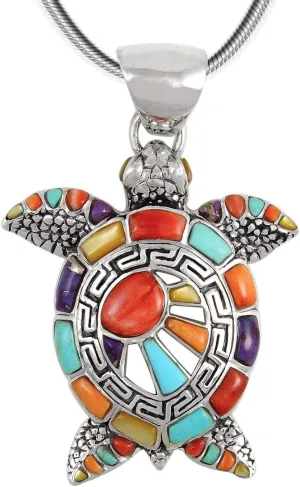 Turquoise Network Turtle Pendant Necklace 925 Sterling Silver Genuine Gemstones 20" Chain