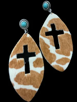 Turquoise With Cowhide Cross Cutout Earrings