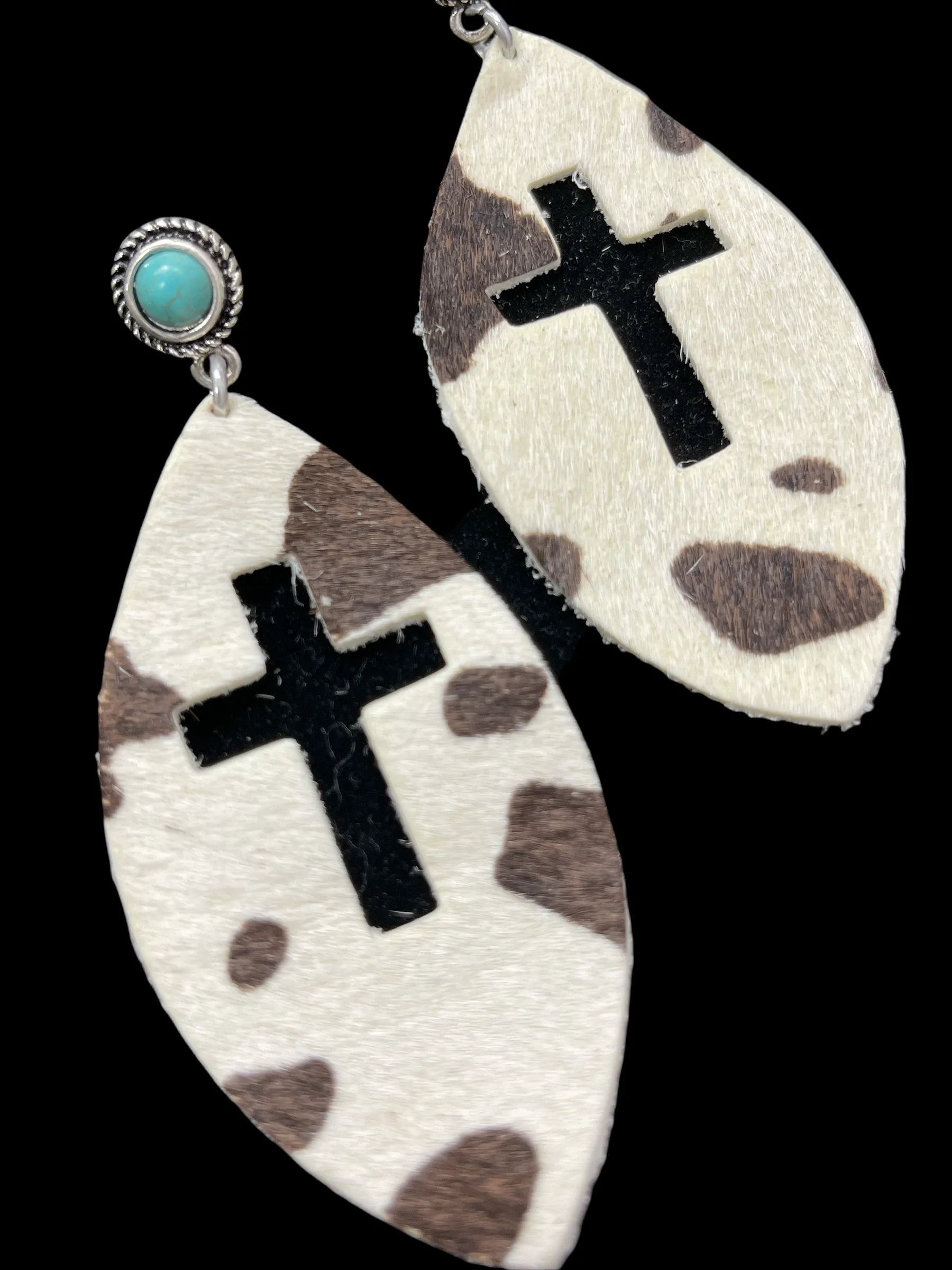 Turquoise With Cowhide Cross Cutout Earrings