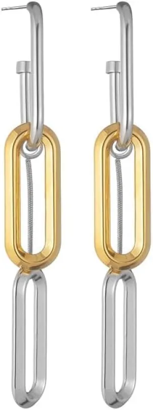 Two Tone Chain Stud Earrings Unique Geometric Drop Dangle Minimalist Square Hoop Earring Mixed Metal Jewelry Gifts for Women