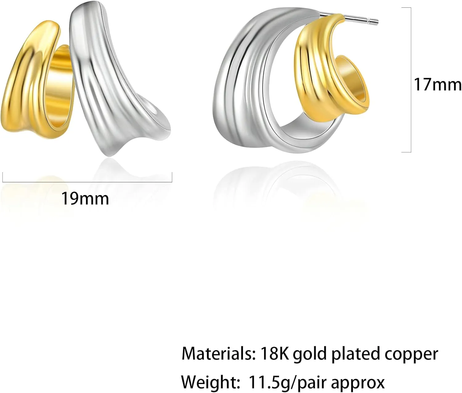 Two Tone Huggie Hoop Earrings Cross Over Design Twisted Rope Silver Gold Statement Wide Band Clip On Hoops for Women Fashion Jewelry Gift