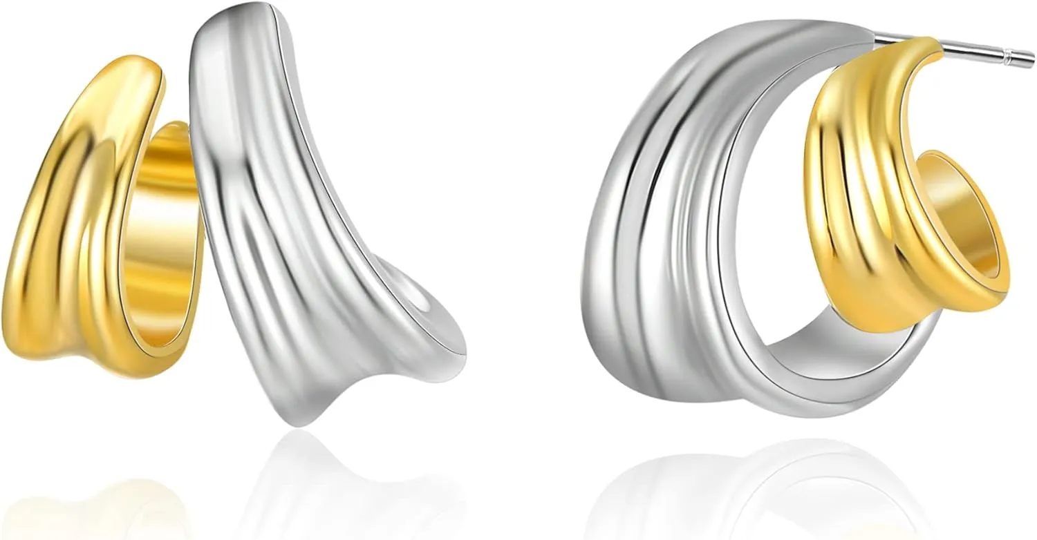 Two Tone Huggie Hoop Earrings Cross Over Design Twisted Rope Silver Gold Statement Wide Band Clip On Hoops for Women Fashion Jewelry Gift