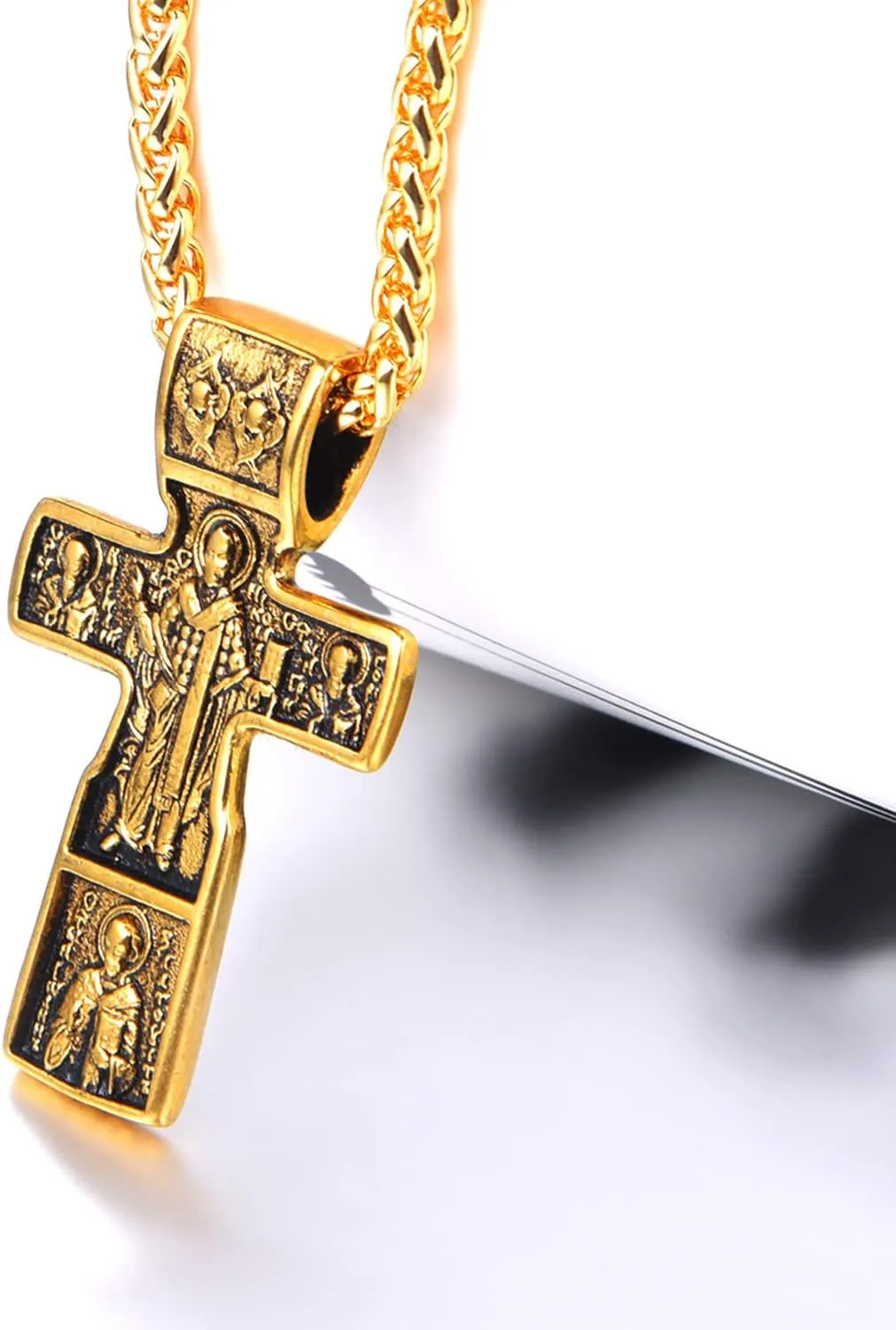 U7 Russian Orthodox Cross Pendant/Praying Hands/Ichthys Sign for Men Women Stainless Steel 18K Gold Plated Jesus Pendant Christian Religious Necklaces, Length 22" Silver Black Gold