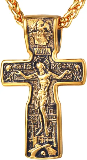 U7 Russian Orthodox Cross Pendant/Praying Hands/Ichthys Sign for Men Women Stainless Steel 18K Gold Plated Jesus Pendant Christian Religious Necklaces, Length 22" Silver Black Gold