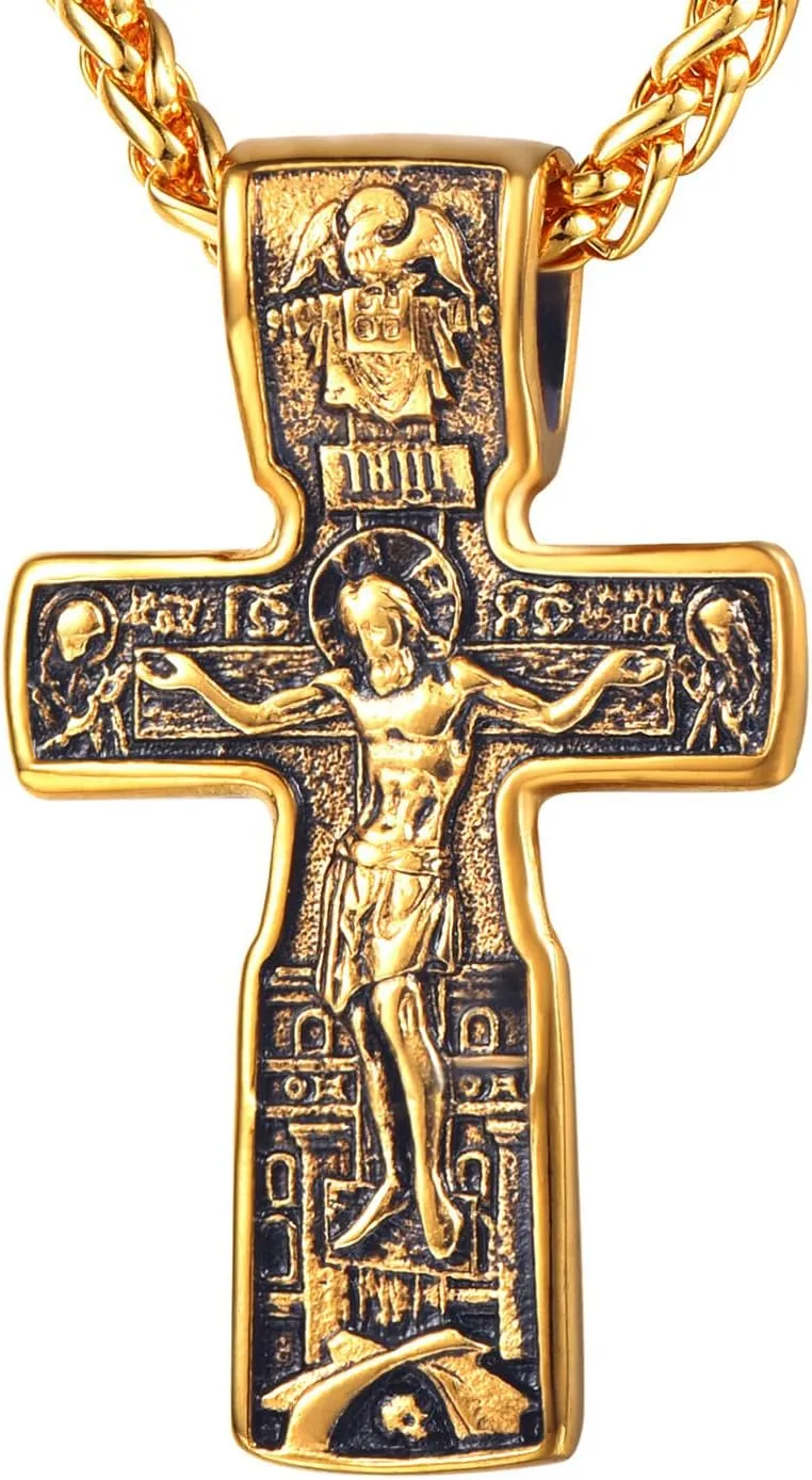 U7 Russian Orthodox Cross Pendant/Praying Hands/Ichthys Sign for Men Women Stainless Steel 18K Gold Plated Jesus Pendant Christian Religious Necklaces, Length 22" Silver Black Gold