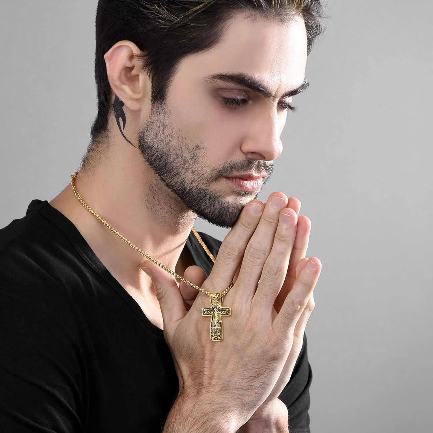 U7 Russian Orthodox Cross Pendant/Praying Hands/Ichthys Sign for Men Women Stainless Steel 18K Gold Plated Jesus Pendant Christian Religious Necklaces, Length 22" Silver Black Gold
