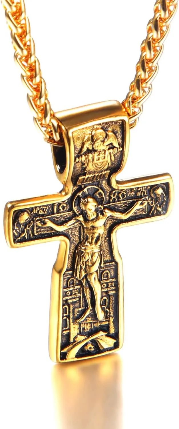 U7 Russian Orthodox Cross Pendant/Praying Hands/Ichthys Sign for Men Women Stainless Steel 18K Gold Plated Jesus Pendant Christian Religious Necklaces, Length 22" Silver Black Gold