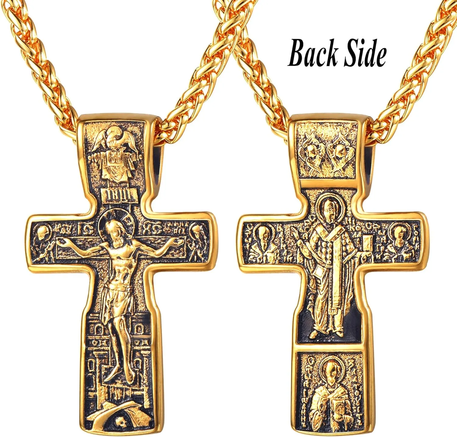 U7 Russian Orthodox Cross Pendant/Praying Hands/Ichthys Sign for Men Women Stainless Steel 18K Gold Plated Jesus Pendant Christian Religious Necklaces, Length 22" Silver Black Gold