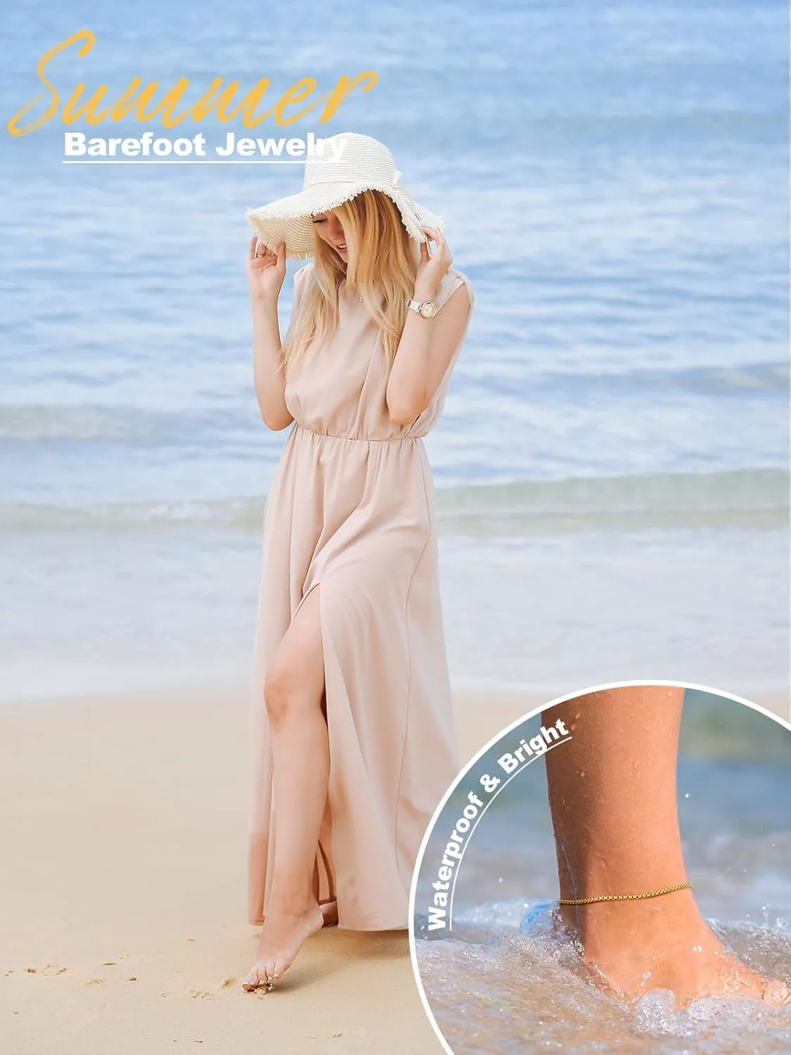 U7 Women Girls Barefoot Jewelry 18K Gold or Rose Gold Stainless Steel Heart/Rope/Figaro/Cuban Chain Anklet Foot Bracelet, 25-30 CM Long