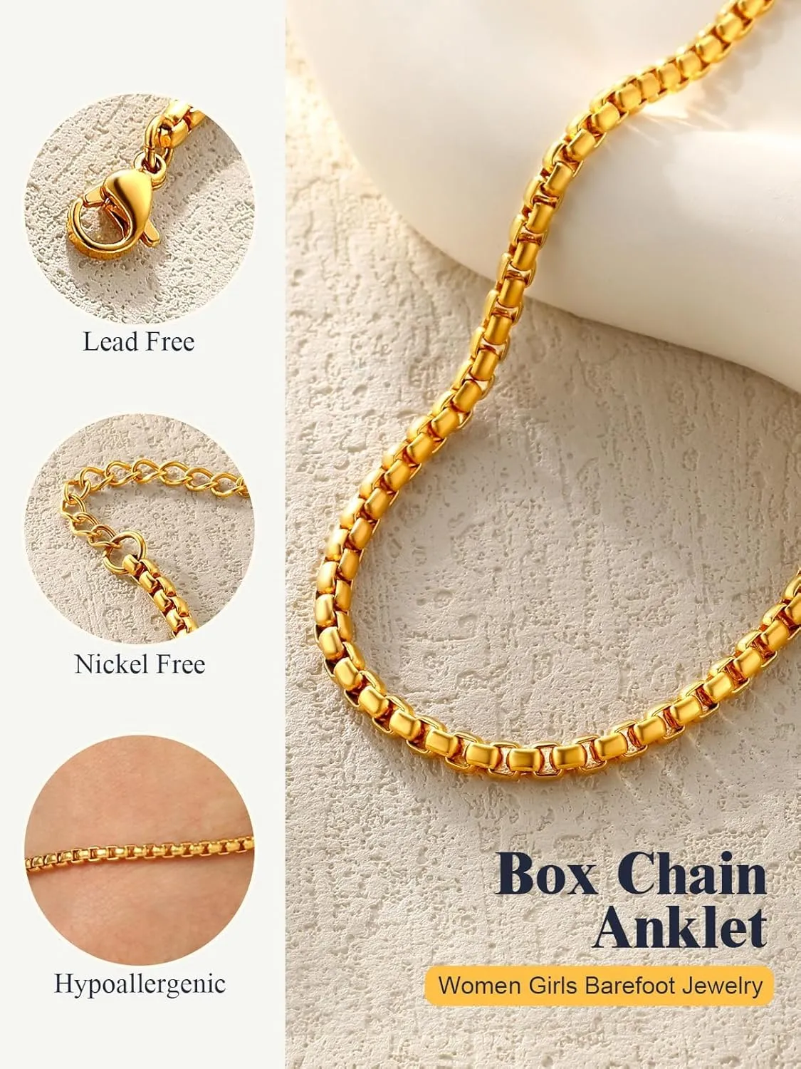 U7 Women Girls Barefoot Jewelry 18K Gold or Rose Gold Stainless Steel Heart/Rope/Figaro/Cuban Chain Anklet Foot Bracelet, 25-30 CM Long