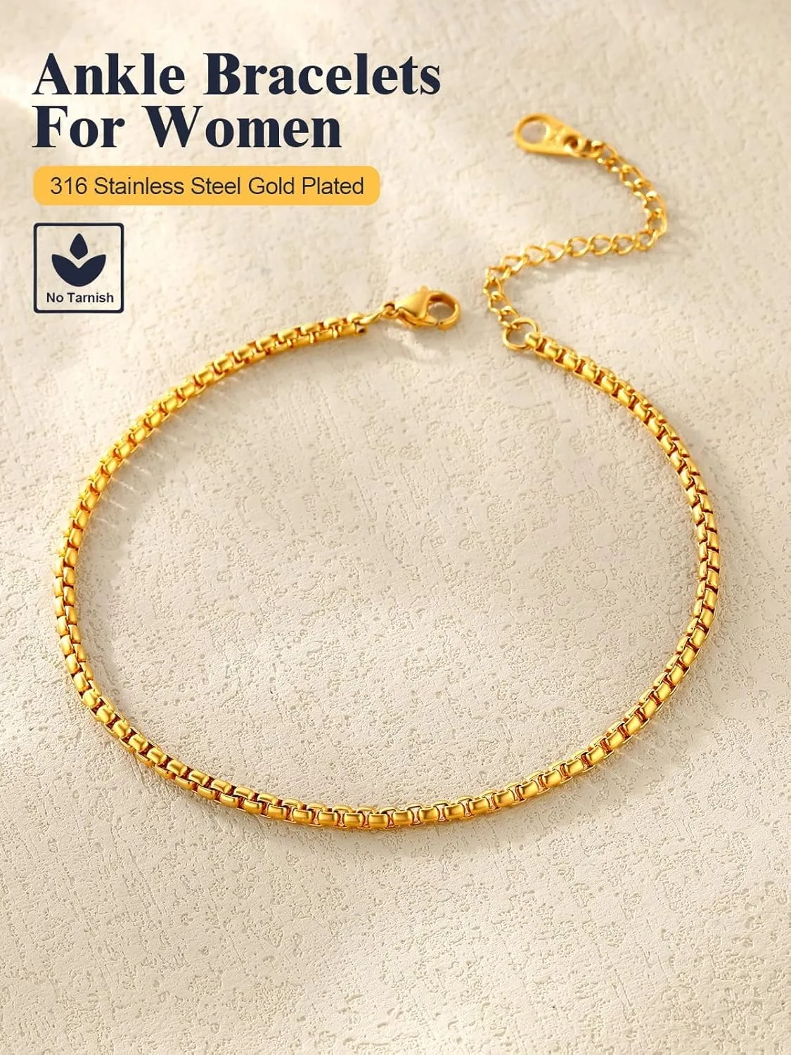 U7 Women Girls Barefoot Jewelry 18K Gold or Rose Gold Stainless Steel Heart/Rope/Figaro/Cuban Chain Anklet Foot Bracelet, 25-30 CM Long