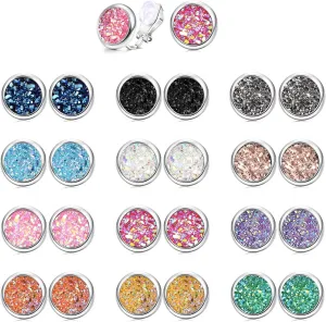 Udalyn 12 Pairs Faux Druzy Clip on Stud Earrings for Women Men Colorful Non Pierced Round Studs Earrings for Sensitive Ears Clip Earrings Set