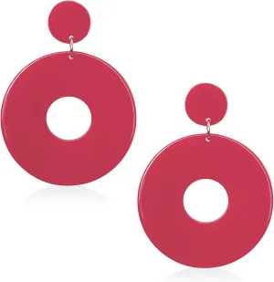 Unique Minimalist 80s 90s Boho Black White Huge Acrylic Hollow Round Dangle Drop Earrings Hypoallergenic Resin Geometric Stud Earrings for Women Summer Holiday Party Jewelry (Rose red)