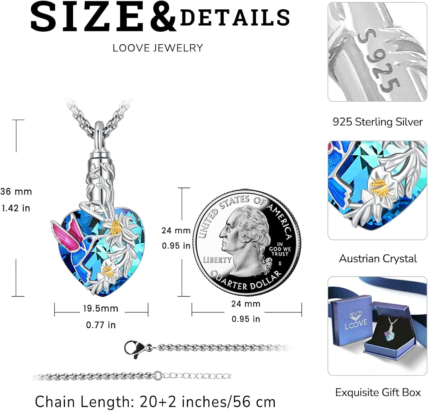 Urn Necklace for Ashes for Women/Men 925 Sterling Silver Cremation Jewelry w/Funnel Filler Memorial Jewelry Gifts