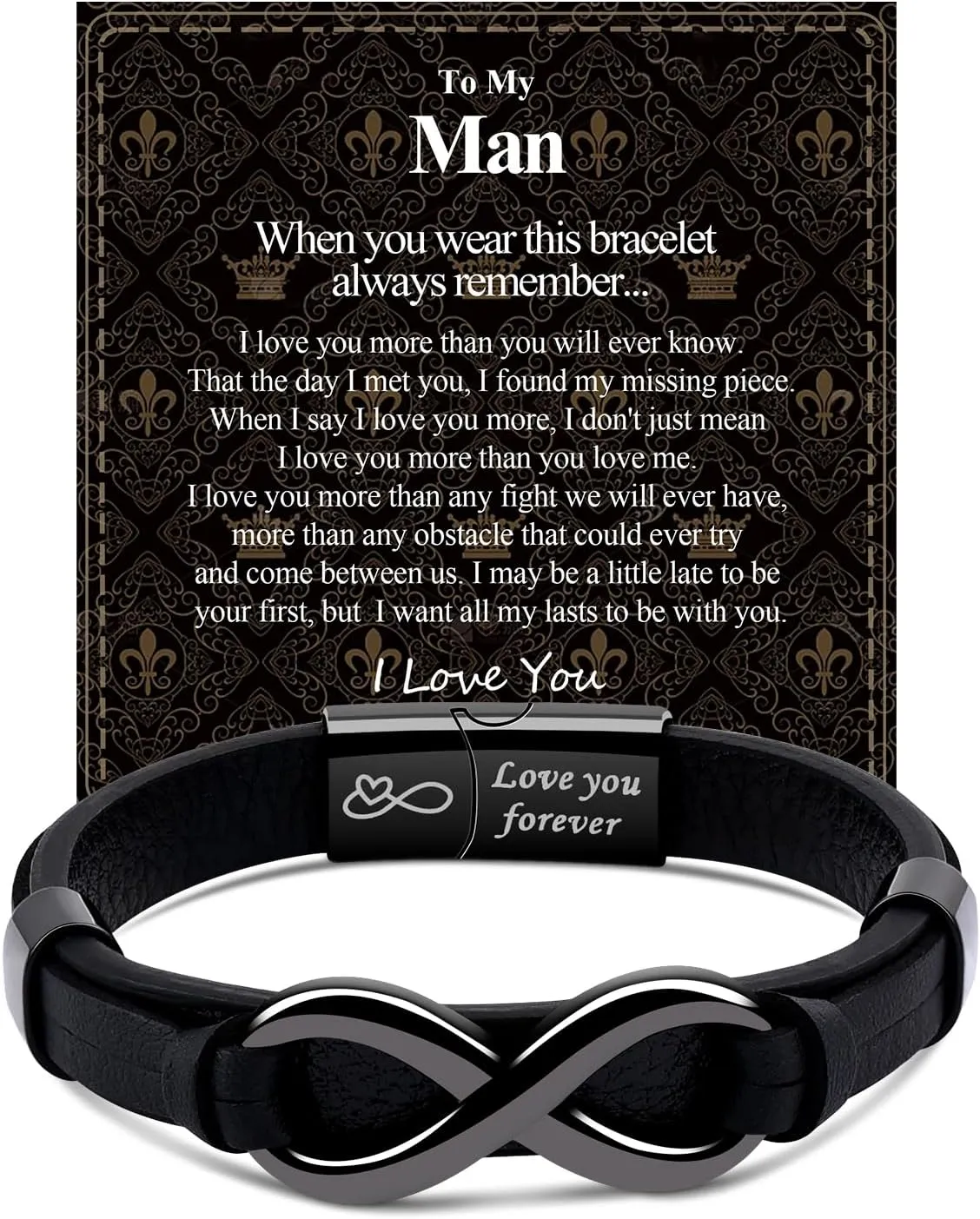 VGWON Mens Infinity Knot Bracelet, Christmas Gift for Him To My Man/Son/Dad Leather Bracelet I Love You Mens Bracelet Mens Birthday Gift Boyfriend Husband Couple
