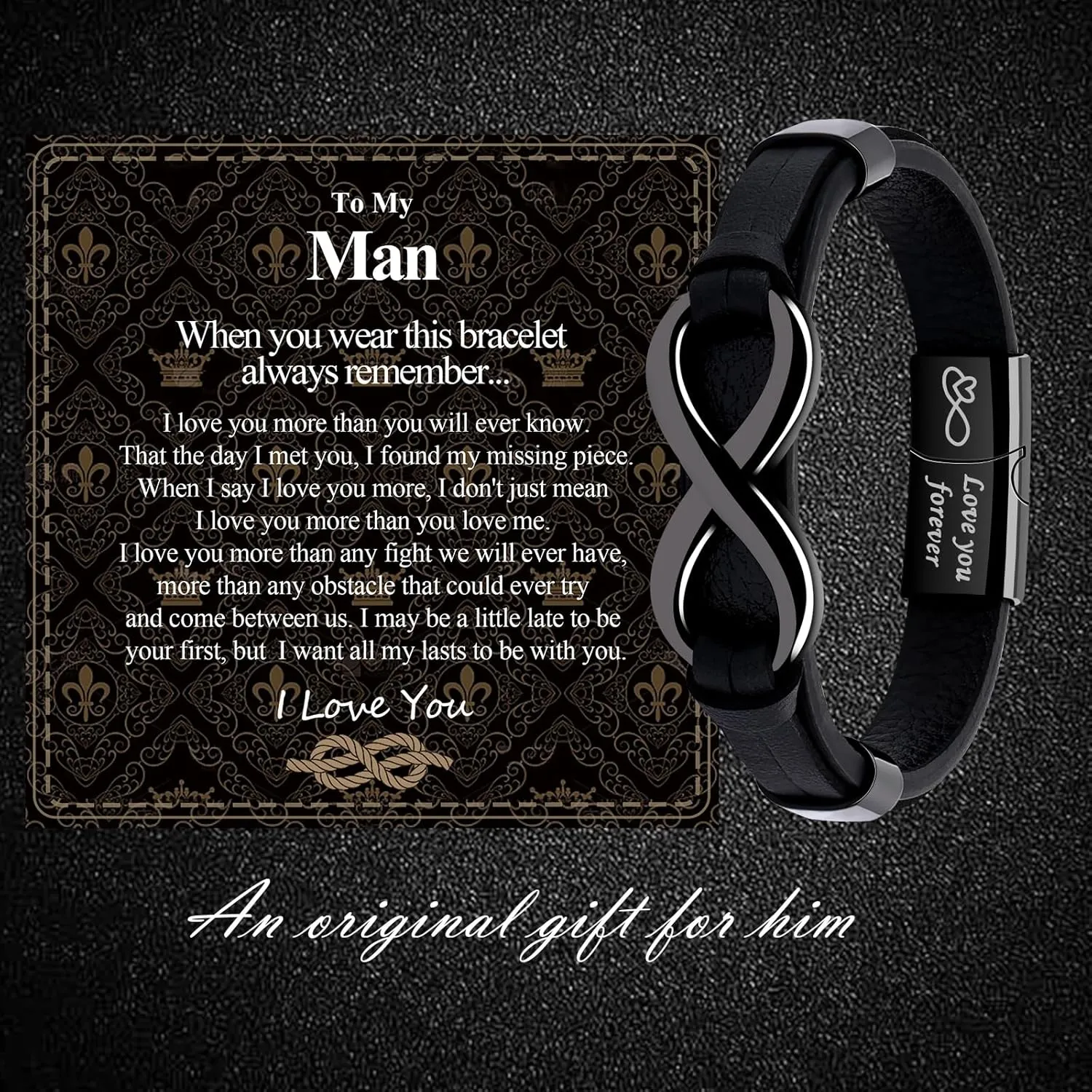VGWON Mens Infinity Knot Bracelet, Christmas Gift for Him To My Man/Son/Dad Leather Bracelet I Love You Mens Bracelet Mens Birthday Gift Boyfriend Husband Couple