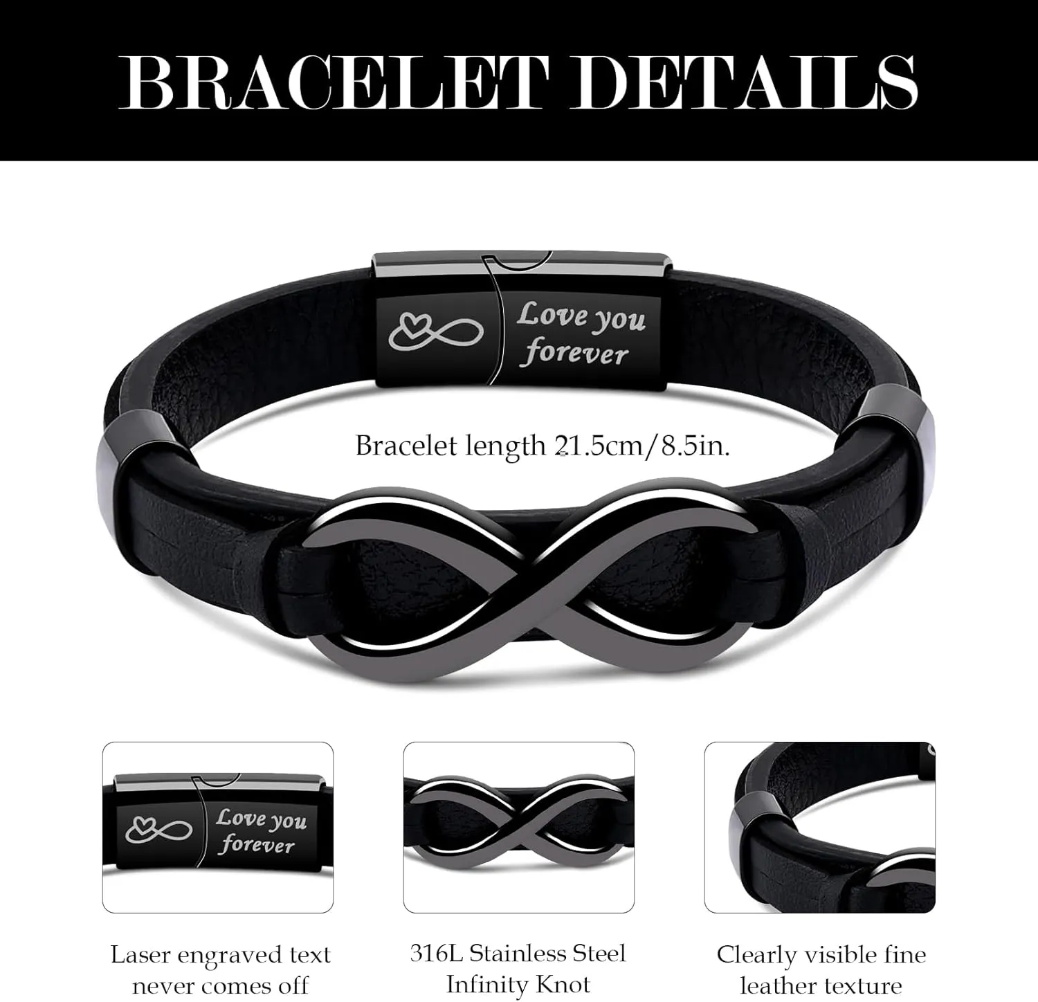 VGWON Mens Infinity Knot Bracelet, Christmas Gift for Him To My Man/Son/Dad Leather Bracelet I Love You Mens Bracelet Mens Birthday Gift Boyfriend Husband Couple