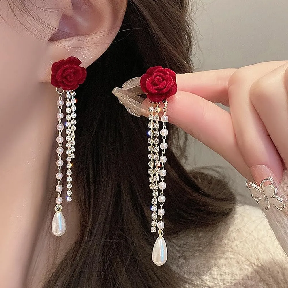 Vintage Camellia Earrings for Women Pearl Cubic Zirconia Tennis Chain Tassel Earrings Red Velvet Rose Rhinestone Drop Dangle Earrings Statement Jewelry Gifts