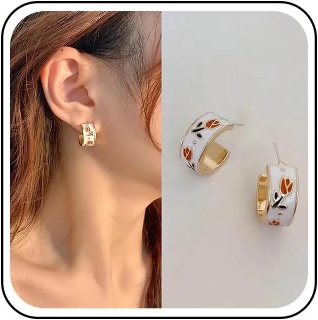Vintage Enamel Flower Hoop Earrings Wide C Shape Earrings White Open Circle Earrings Tulip Flower Earrings Enamel Open Hoop Earrings Jewelry for Women
