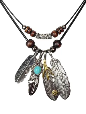Vintage Feather Eagle Claw Pendant Necklaces Men Boho Antique Silver Color Leaf Long Necklace For Women,four pieces of feathers can be freely combined to wear (2 Layer)