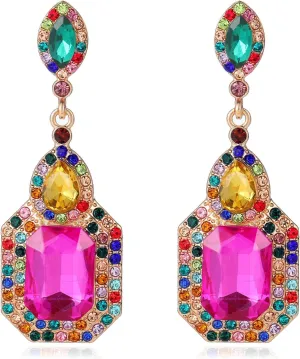 Vintage Rhinestone Dangle Statement Earrings Colorful Long Crystal Dangling Drop Earring for Women Formal Wedding Prom