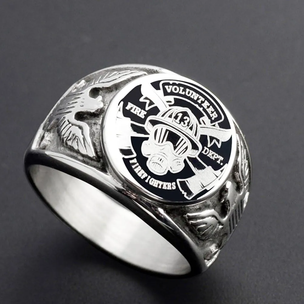 Vintage Titanium Steel US Military Firefighters Ring Eagle Medal Rings for Men, Silver/Gold/Black