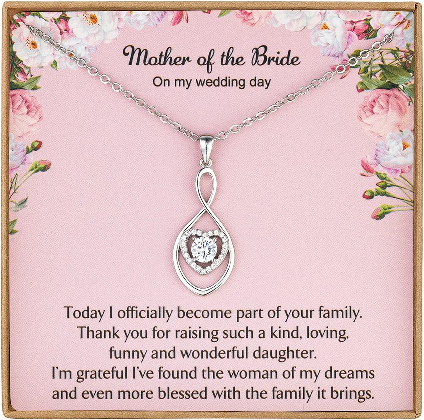 Wedding Gifts for Mother of The Bride Necklaces for Women Mother in Law Gifts from Groom in Law Infinity Heart Silver Necklace for Women N08B