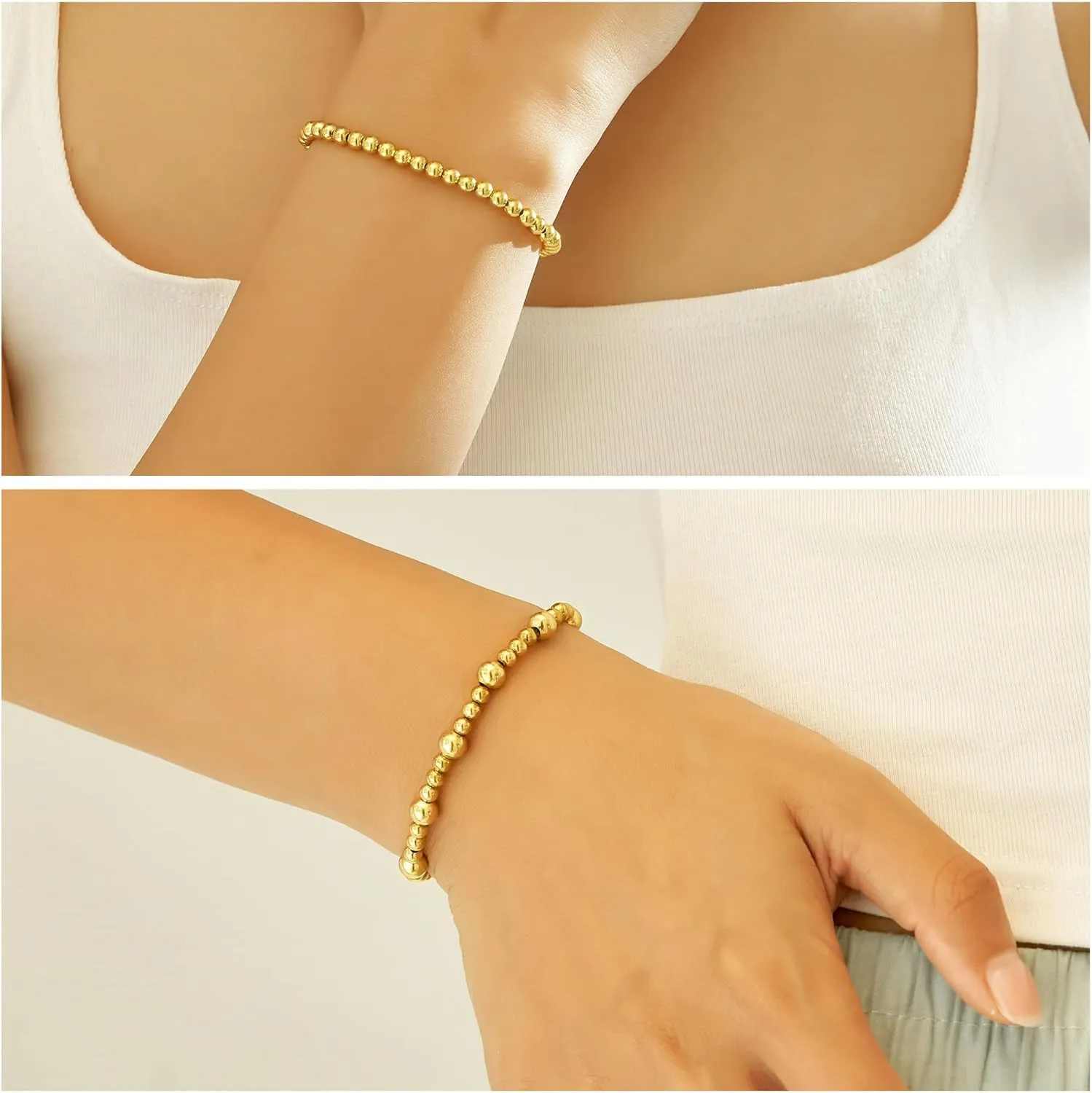 wgoud Gold Bracelets for Women - Trendy 14K Real Gold Plated Beaded Bracelet Set with Stretch Beads, Waterproof, Adjustable, Perfect Gifts