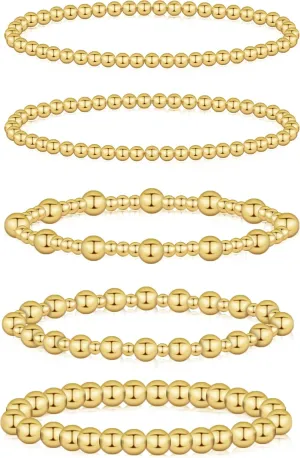 wgoud Gold Bracelets for Women - Trendy 14K Real Gold Plated Beaded Bracelet Set with Stretch Beads, Waterproof, Adjustable, Perfect Gifts