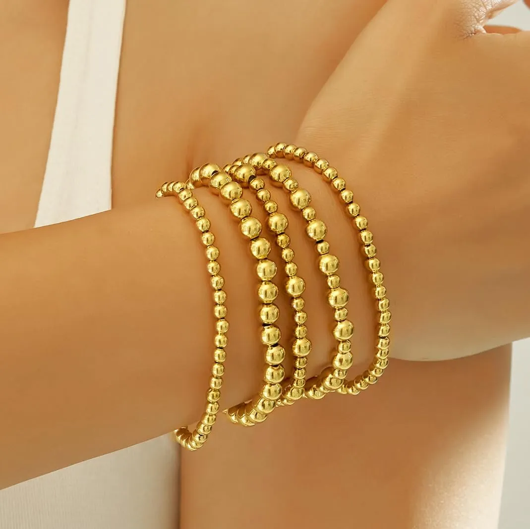 wgoud Gold Bracelets for Women - Trendy 14K Real Gold Plated Beaded Bracelet Set with Stretch Beads, Waterproof, Adjustable, Perfect Gifts