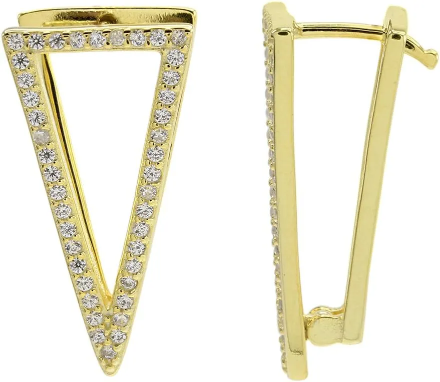 White Cubic Zirconia Triangle Dangle Earrings In 14K Gold Over Sterling Silver