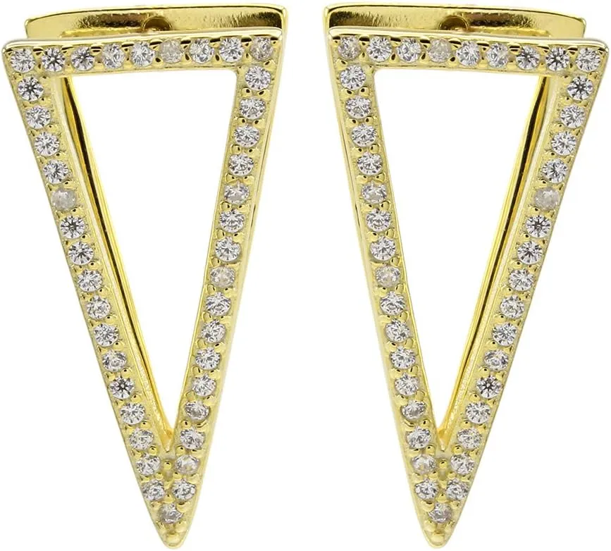 White Cubic Zirconia Triangle Dangle Earrings In 14K Gold Over Sterling Silver
