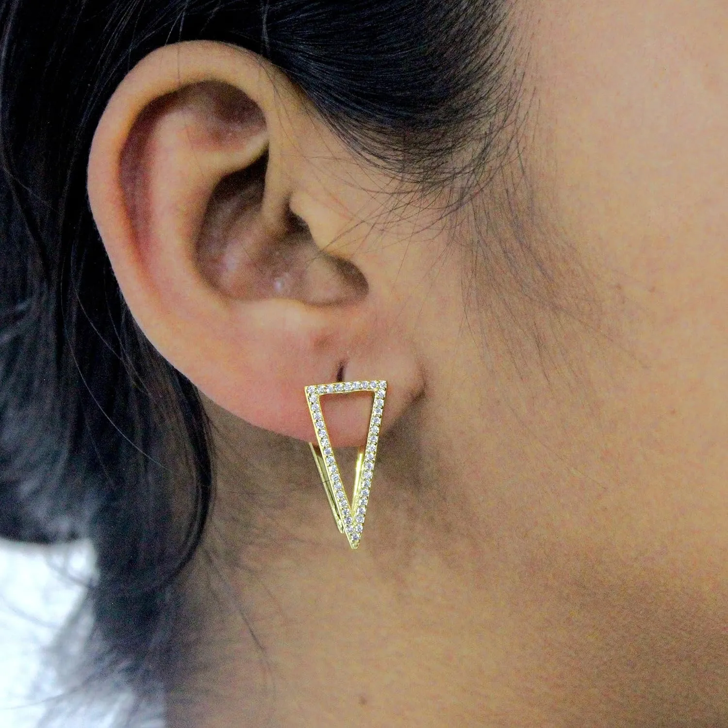 White Cubic Zirconia Triangle Dangle Earrings In 14K Gold Over Sterling Silver