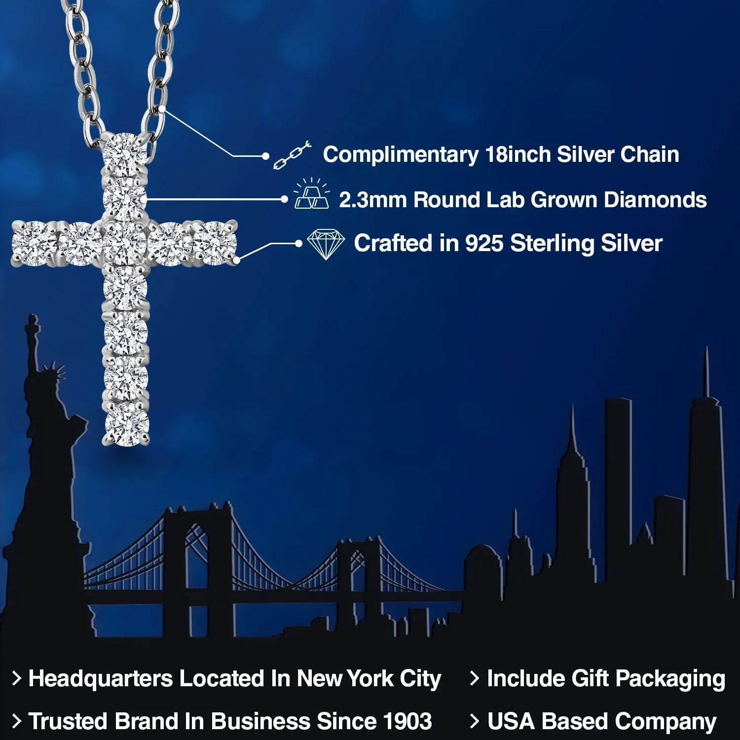 White Lab Grown Diamond Cross Pendant Necklace | 0.50-1.00 Cttw | 925 Sterling Silver | Jesus Christian Religious Crucifix Pendant for Women | DEF Color | VVS-VS Clarity | With 18 Inch Chain