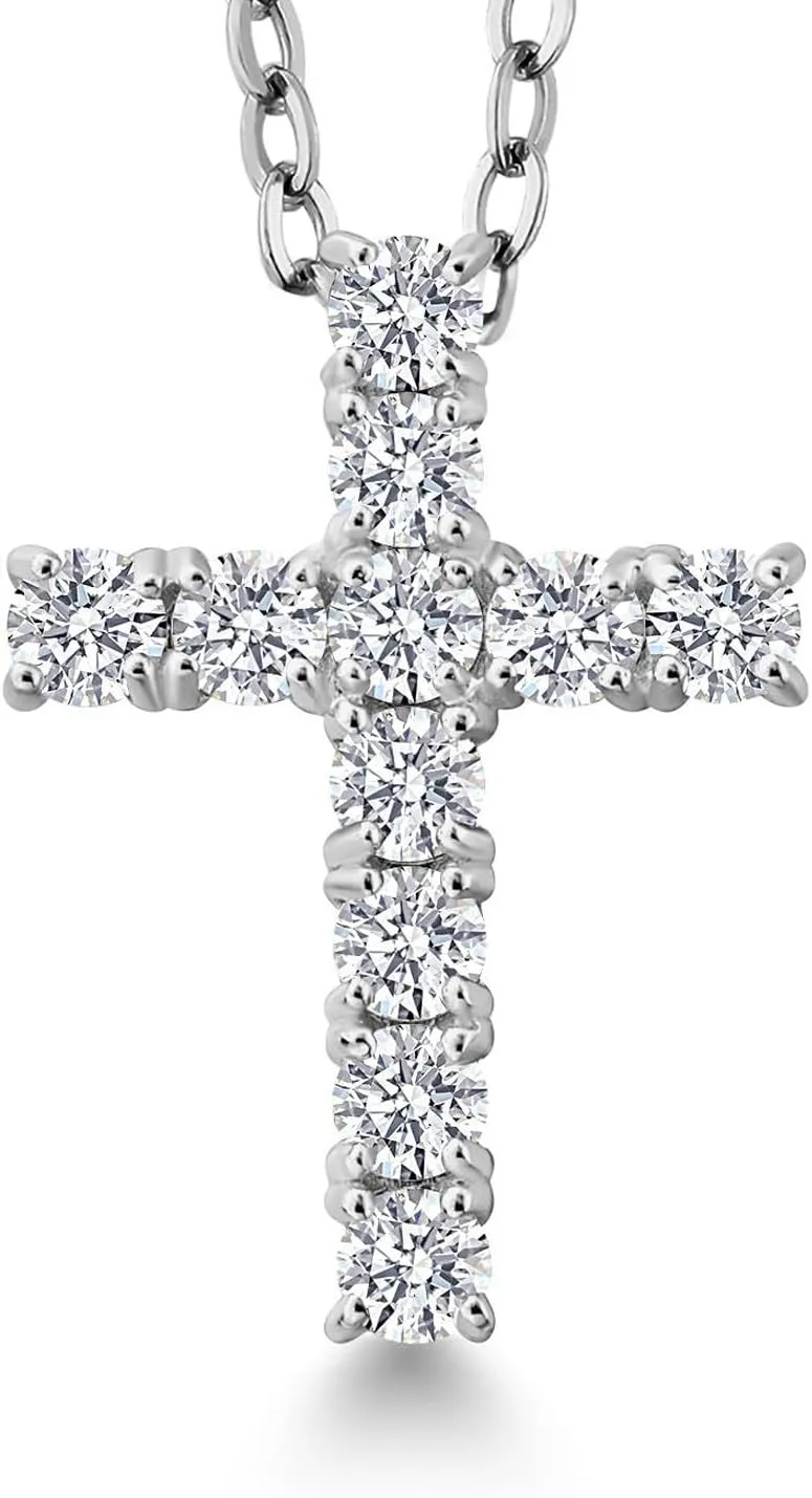 White Lab Grown Diamond Cross Pendant Necklace | 0.50-1.00 Cttw | 925 Sterling Silver | Jesus Christian Religious Crucifix Pendant for Women | DEF Color | VVS-VS Clarity | With 18 Inch Chain