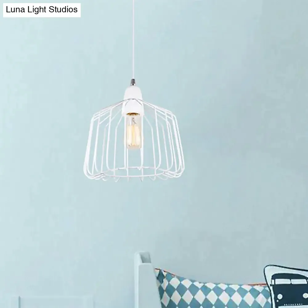 White Metallic Pendulum Light - Minimalist Cage Shade - Bedroom Hanging Lamp Kit