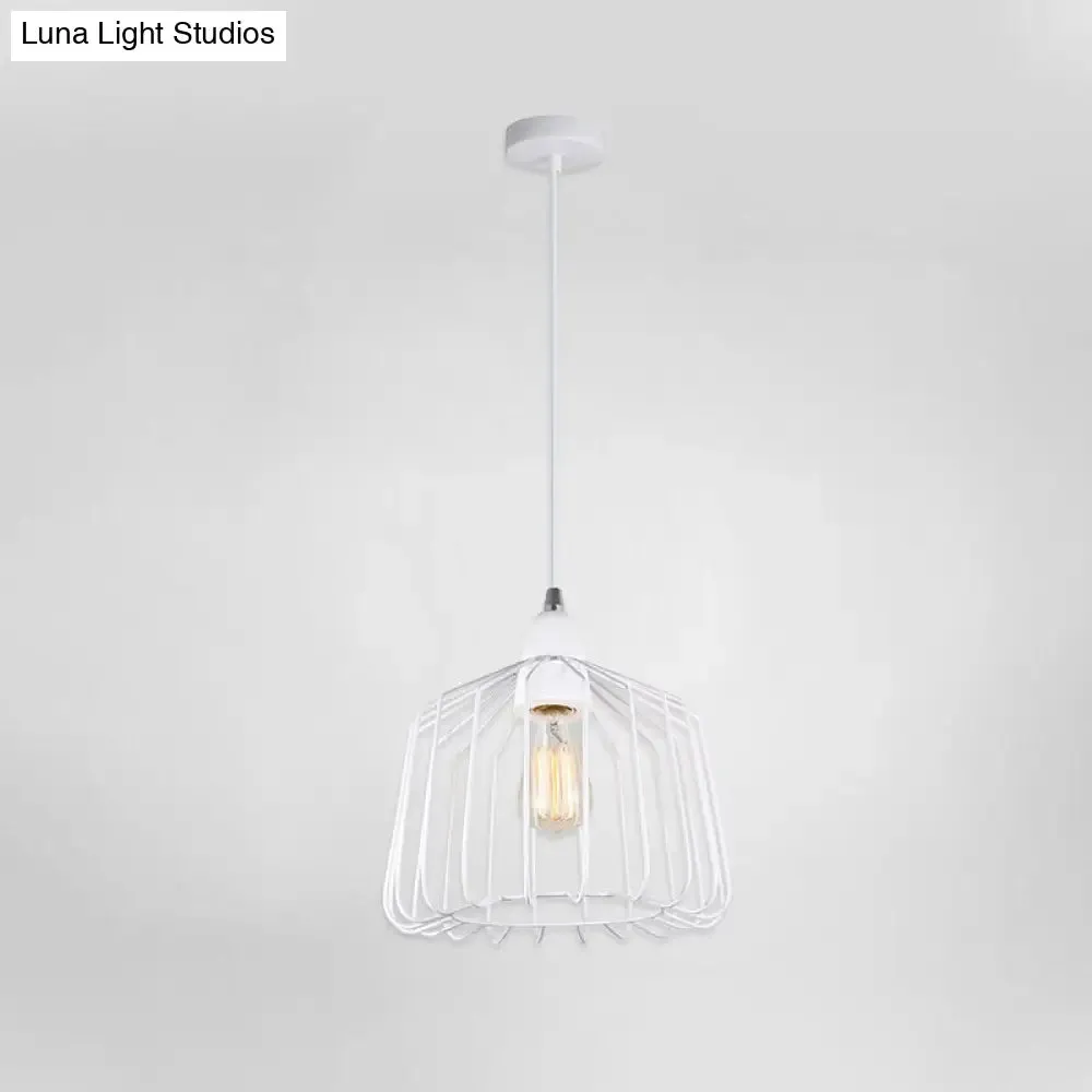 White Metallic Pendulum Light - Minimalist Cage Shade - Bedroom Hanging Lamp Kit