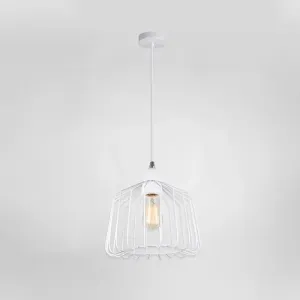 White Metallic Pendulum Light - Minimalist Cage Shade - Bedroom Hanging Lamp Kit