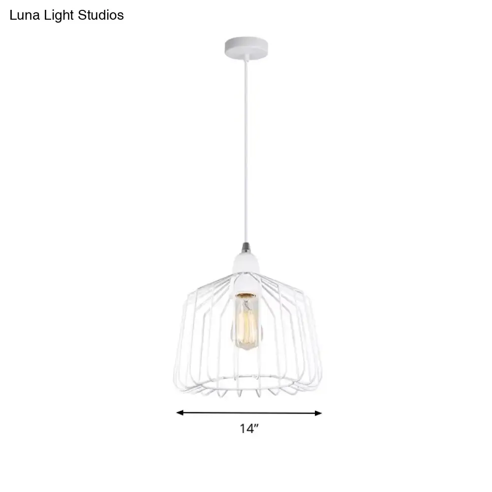 White Metallic Pendulum Light - Minimalist Cage Shade - Bedroom Hanging Lamp Kit