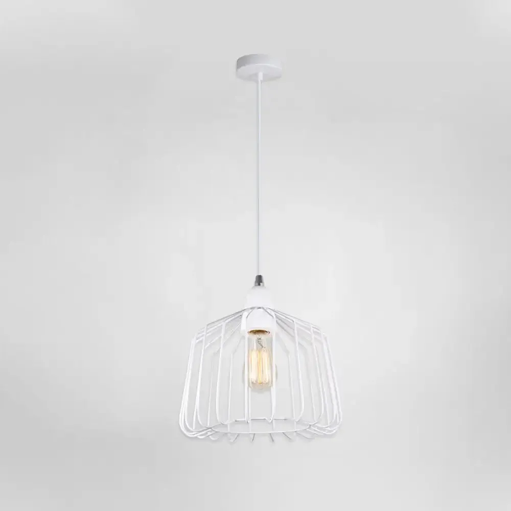 White Metallic Pendulum Light - Minimalist Cage Shade - Bedroom Hanging Lamp Kit