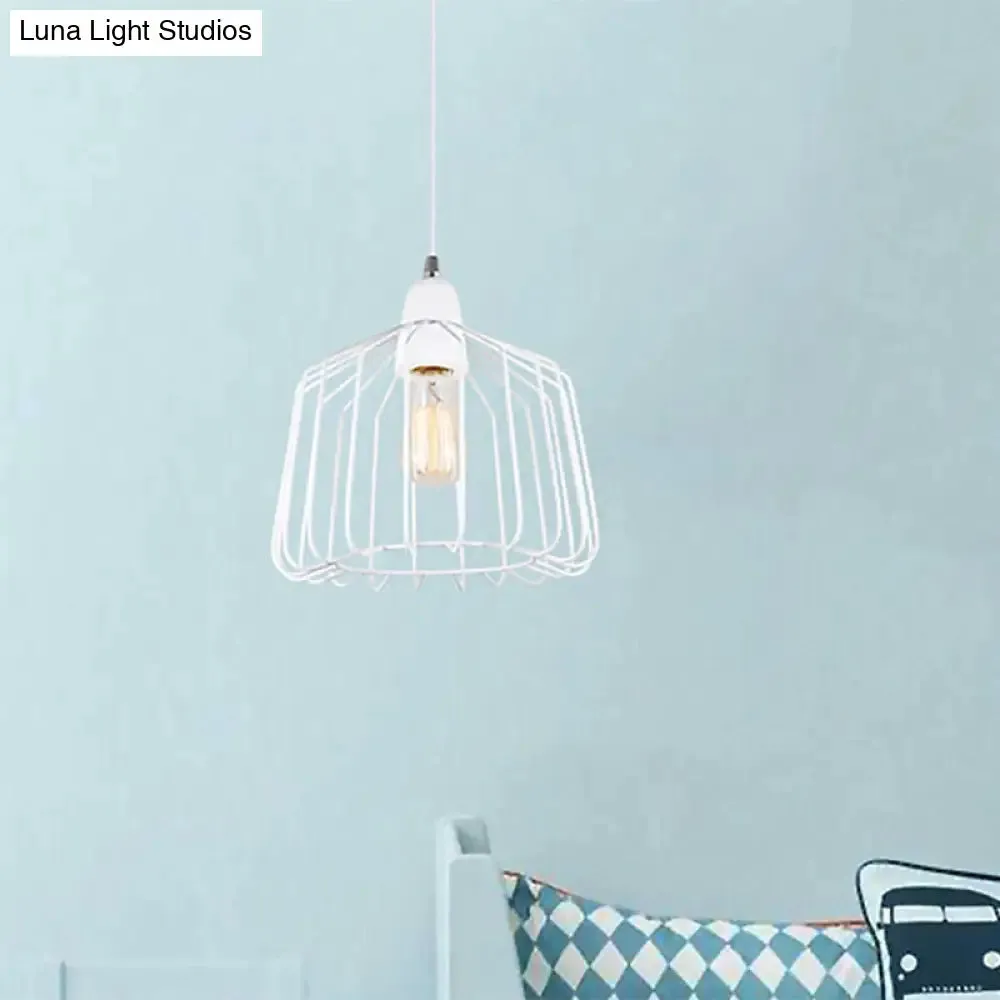 White Metallic Pendulum Light - Minimalist Cage Shade - Bedroom Hanging Lamp Kit