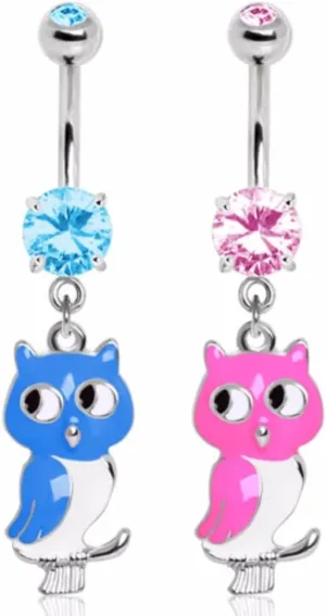 WildKlass Jewelry 316L Surgical Steel Enameled Owl Dangle Gemmed Navel Ring (Sold Individually)