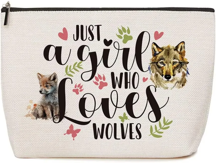Wolf Gifts Just A Girl Who Loves Wolves Makeup Bag Wolf Lovers Gift Wolf Decor Bag Animal Lovers Gifts for Women Birthday Christmas Presents for Her Friends Sister BFF Besties