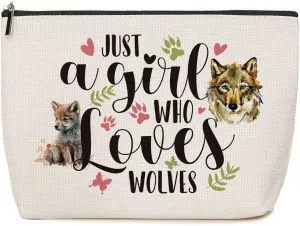 Wolf Gifts Just A Girl Who Loves Wolves Makeup Bag Wolf Lovers Gift Wolf Decor Bag Animal Lovers Gifts for Women Birthday Christmas Presents for Her Friends Sister BFF Besties